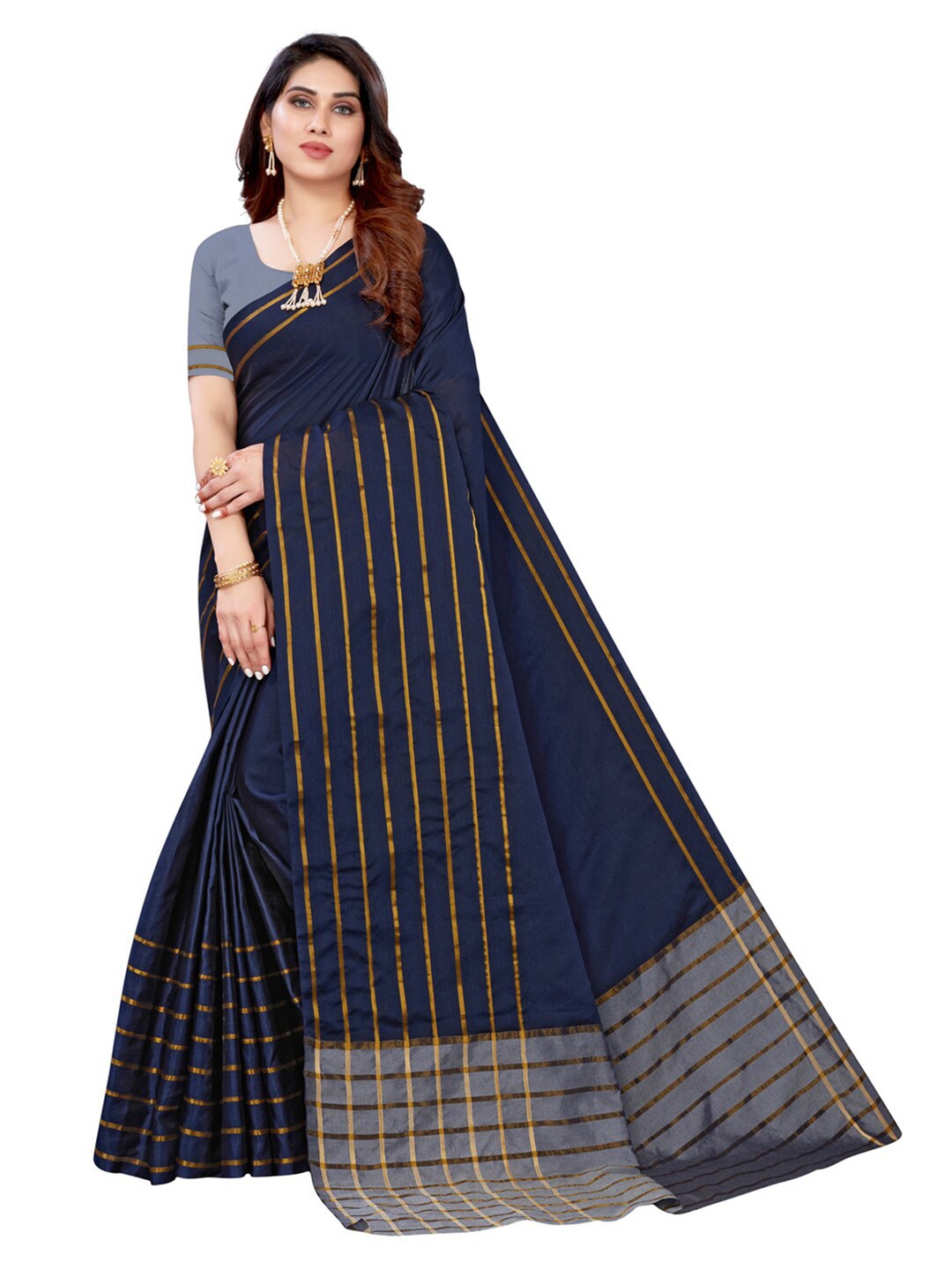 

KALINI Blue & Gold-Toned Striped Zari Saree