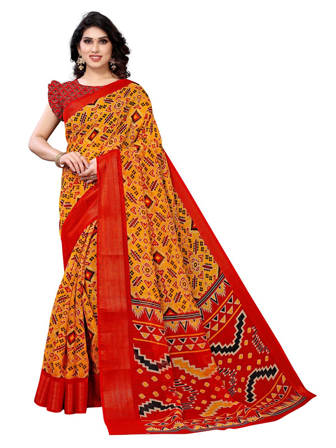 

KALINI Orange & Red Poly Cotton Patola Printed Saree