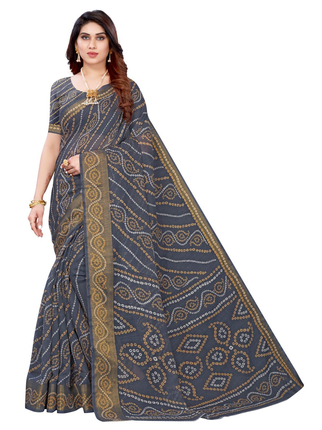 

KALINI Grey & White Bandhani Printed Zari Saree