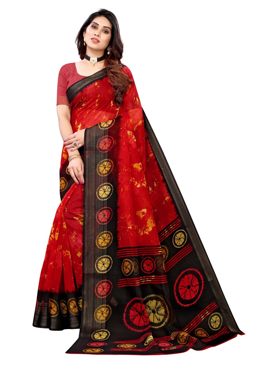 

KALINI Red & Black Saree