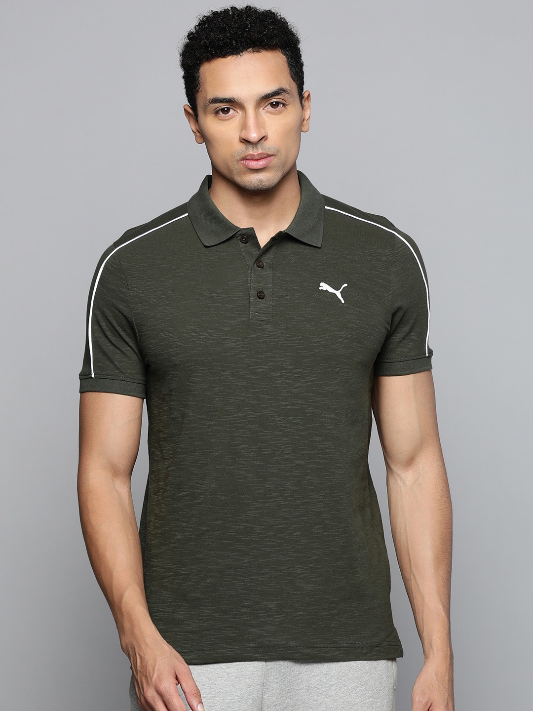 Puma Men Brand Logo Printed Polo Collar Pure Cotton Slim Fit T-shirt, Black
