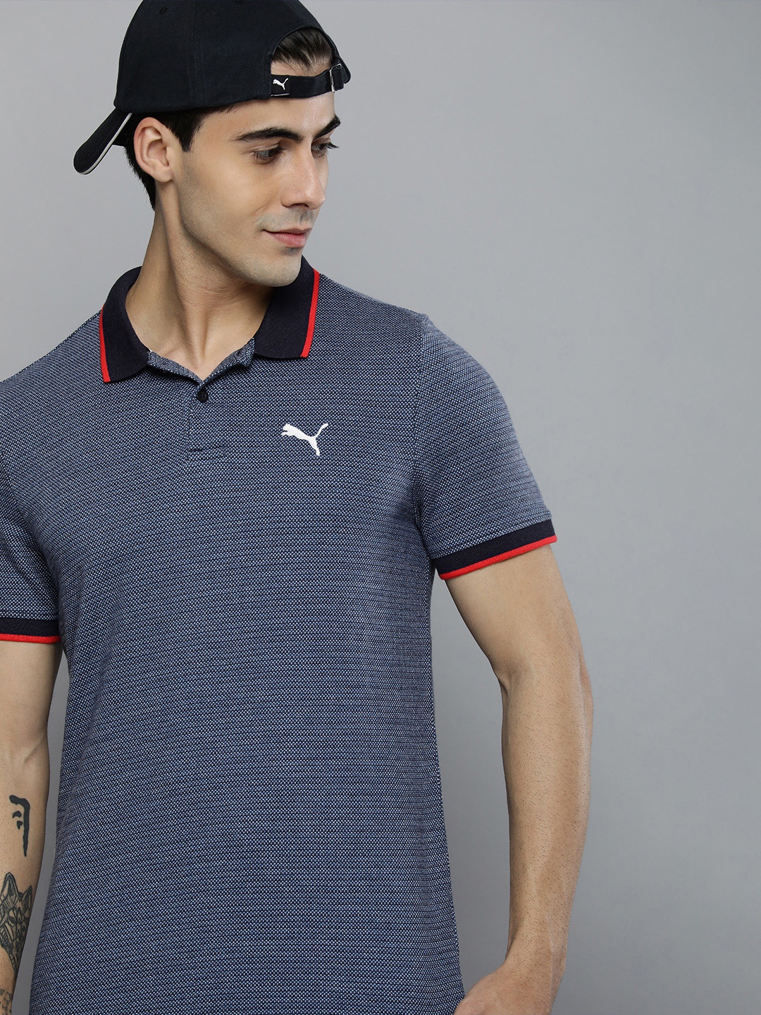 

Puma Men Slim Fit Pique Jacquard Colourblocked Polo Collar T-shirt, Blue