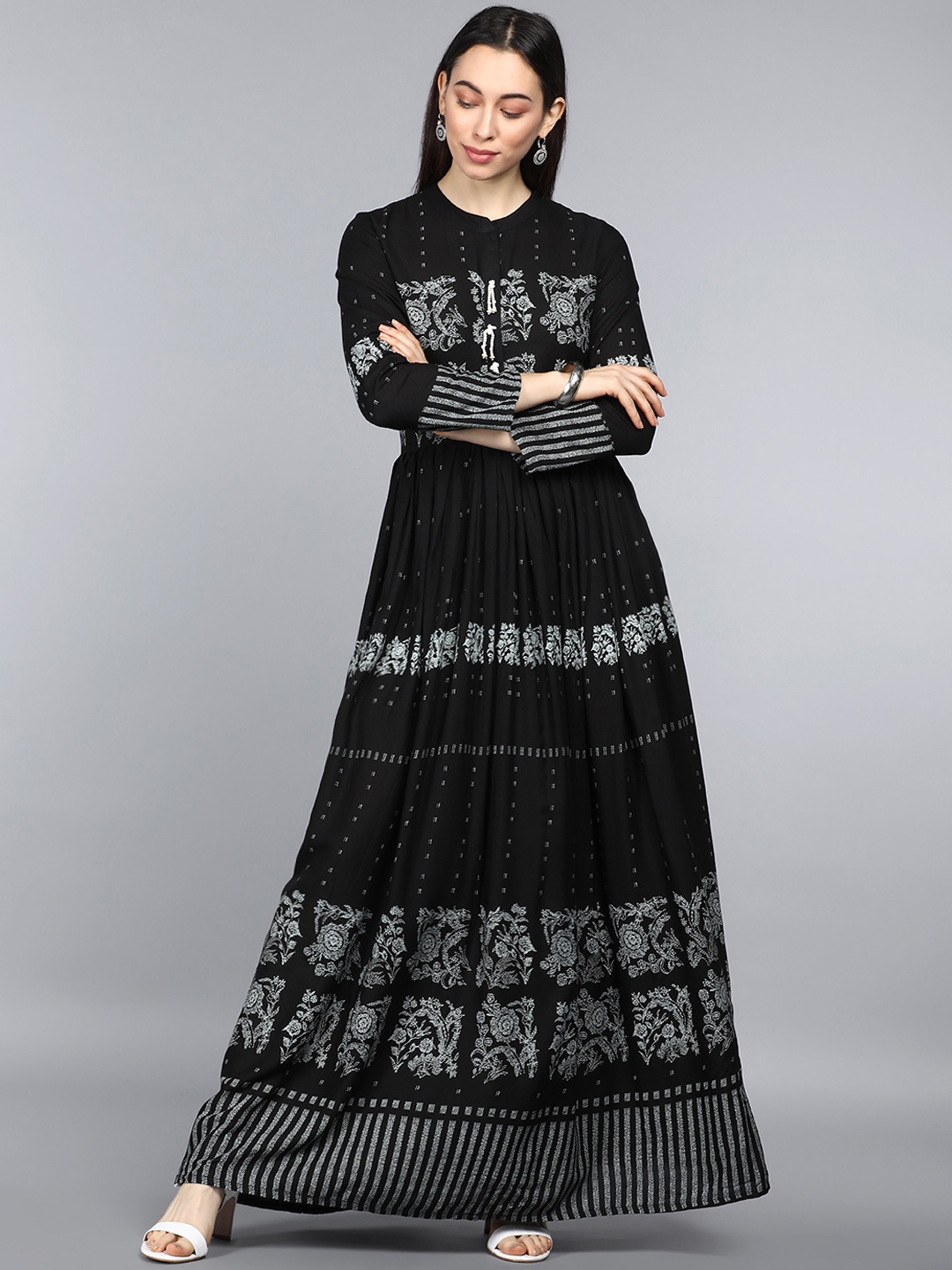 

AHIKA Black Ethnic Motifs Ethnic Maxi Dress