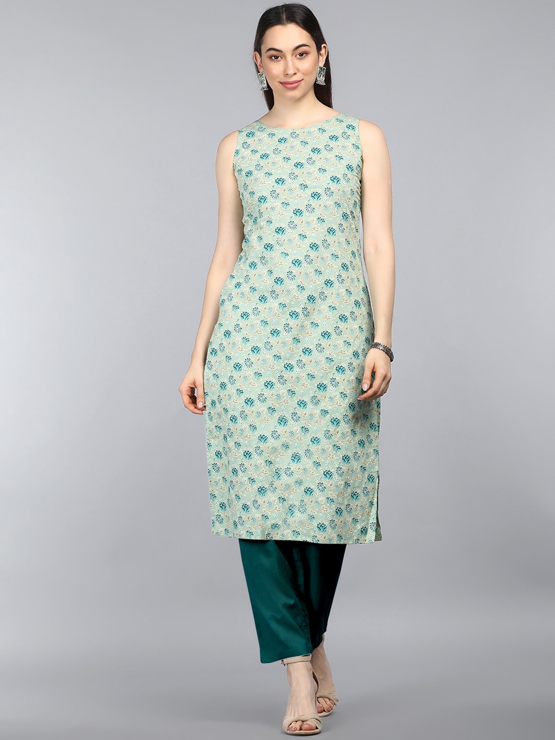 

AHIKA Women Sea Green Floral Printed Cotton Kurta