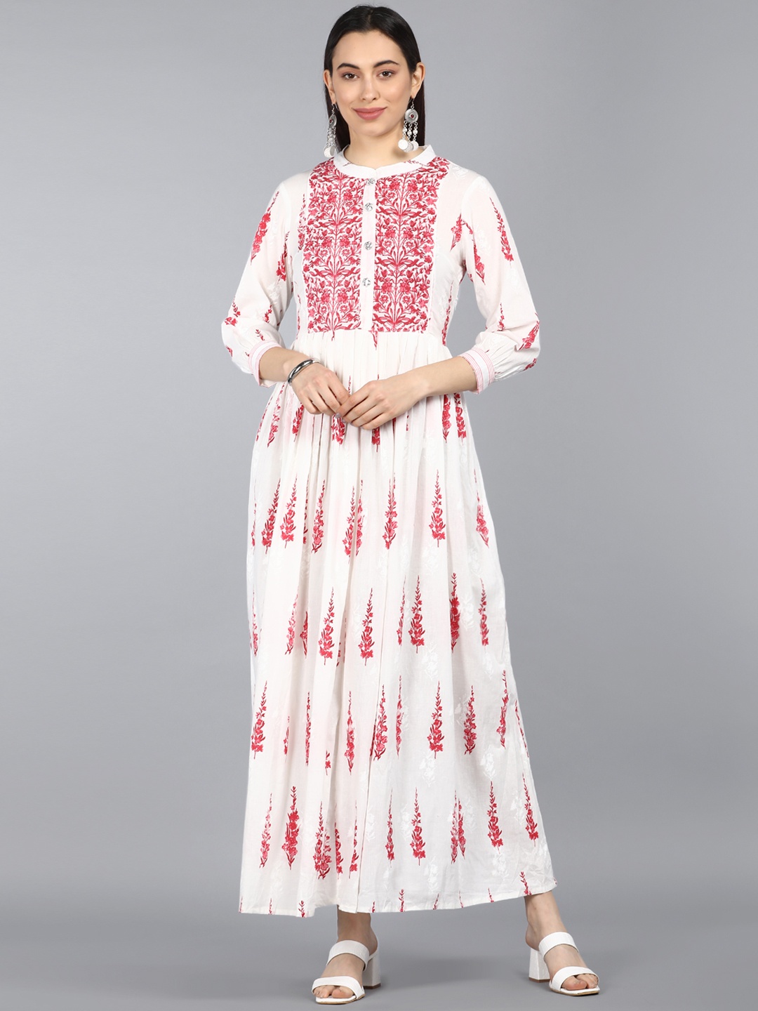 

AHIKA White & Red Floral Ethnic A-Line Cotton Maxi Dress