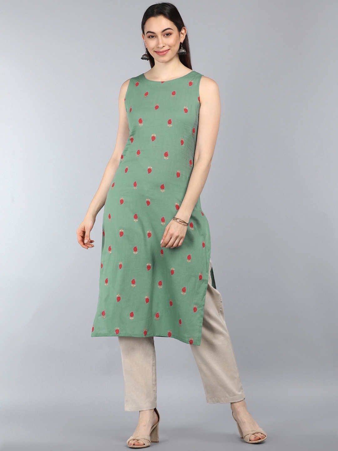 

AHIKA Women Green & Red Floral Printed Pure Cotton Kurta