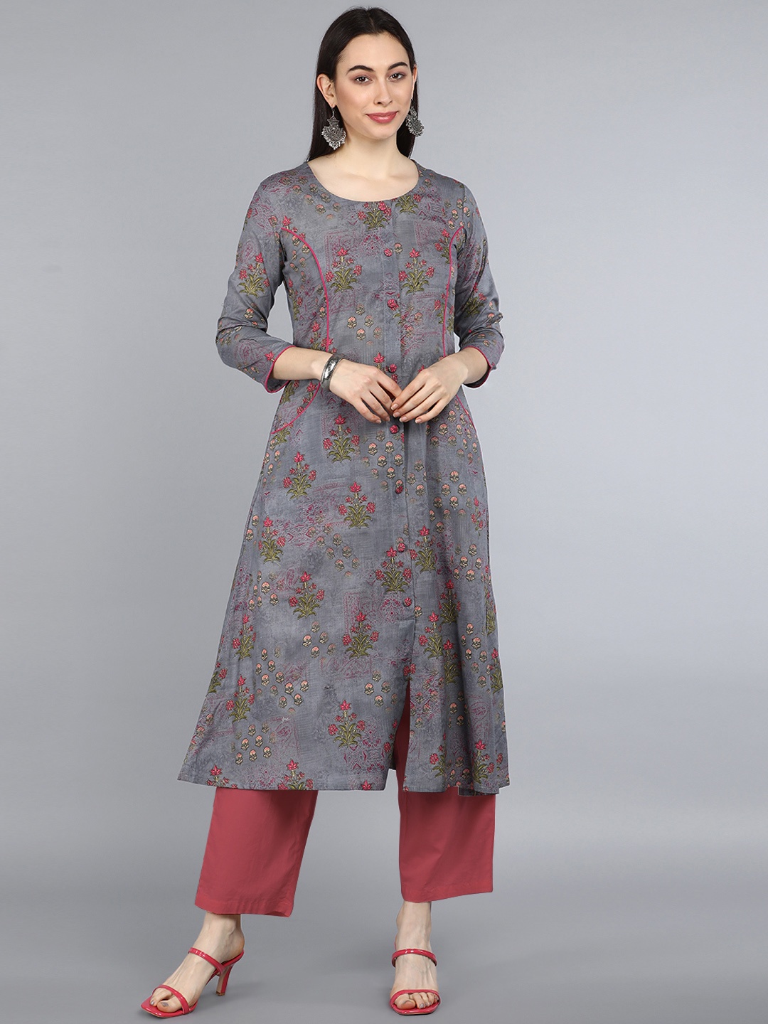 

AHIKA Women Grey Floral Printed Cotton Kurta