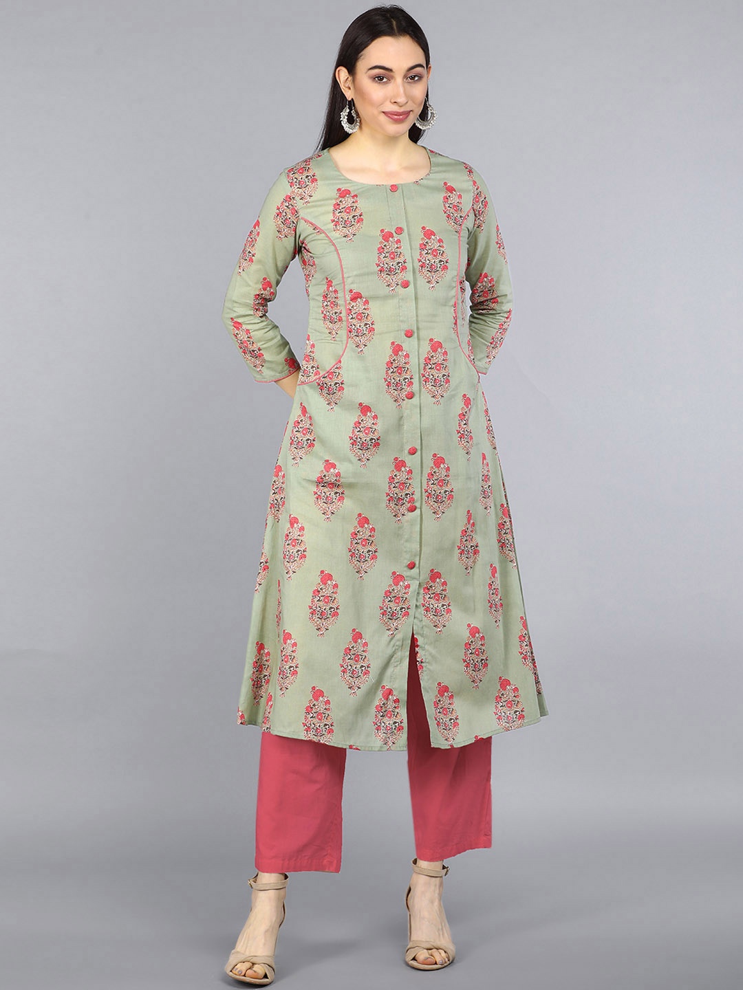 

AHIKA Women Green & Pink Ethnic Motifs Printed Cotton Kurta