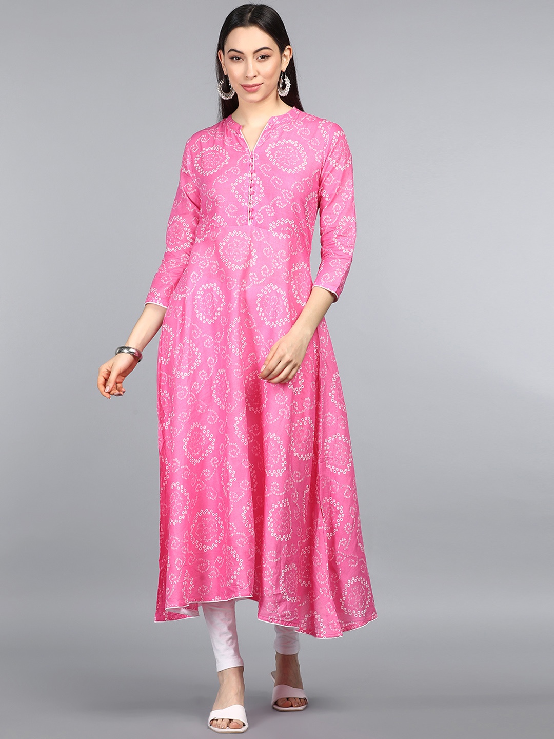 

AHIKA Women Pink & White Bandhani Screen Printed Cotton A-line Kurta