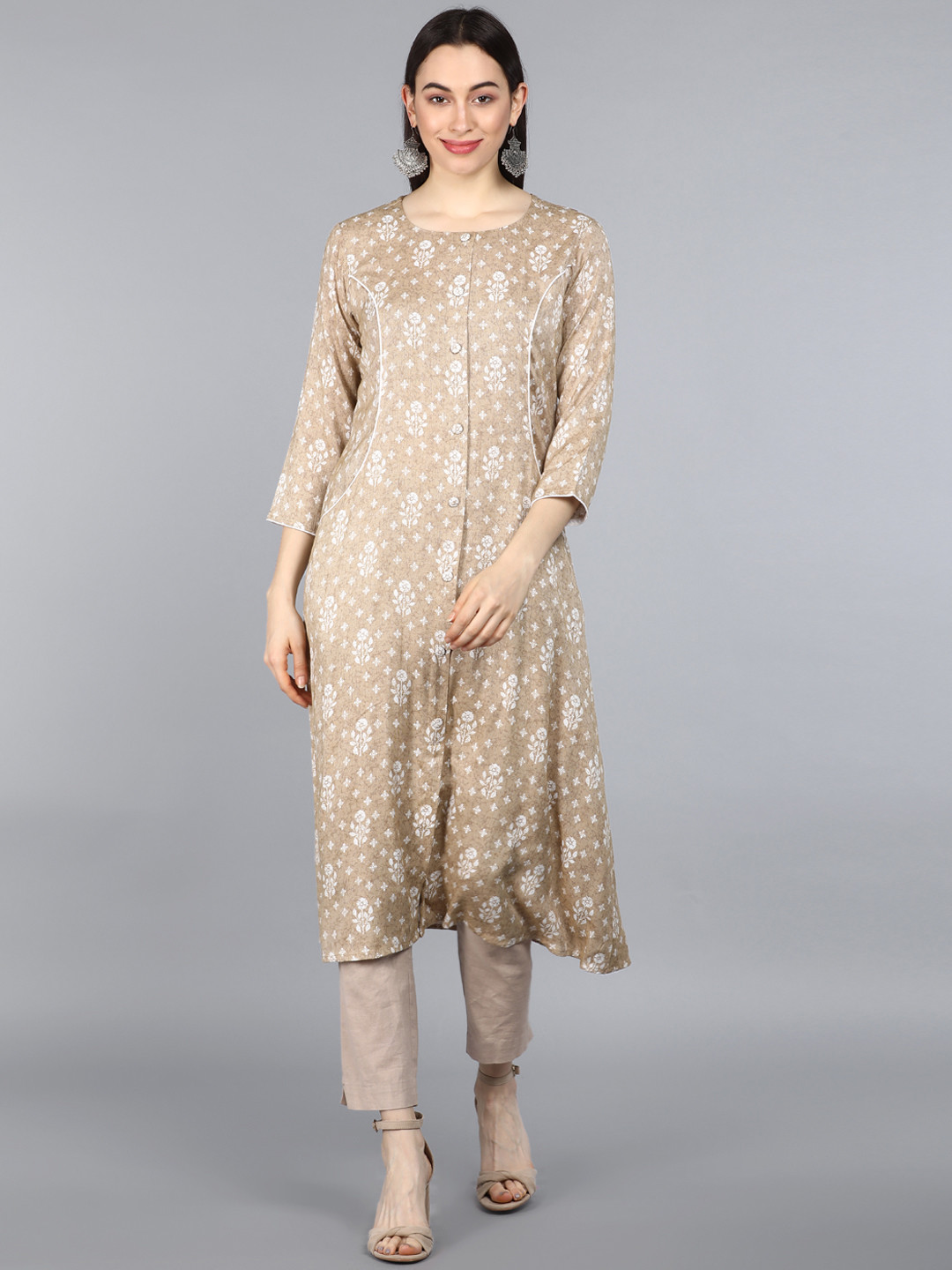 

AHIKA Women Beige Floral Printed Cotton Kurta