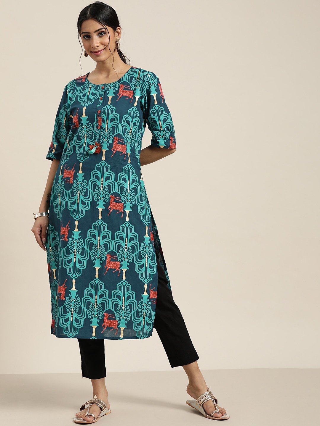 

Sangria Women Green & Orange Ethnic Motifs Printed Kurta