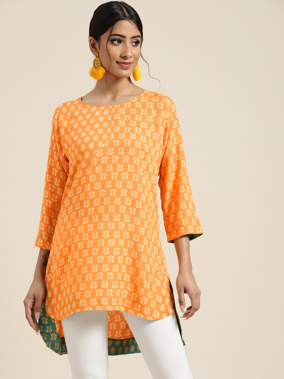 

Sangria Orange & Yellow Ethnic Motifs Print High-Low Hem Kurti