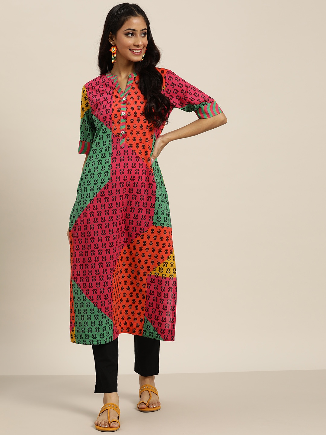 

Sangria Women Green & Pink Ethnic Motifs Printed Pure Cotton Kurta