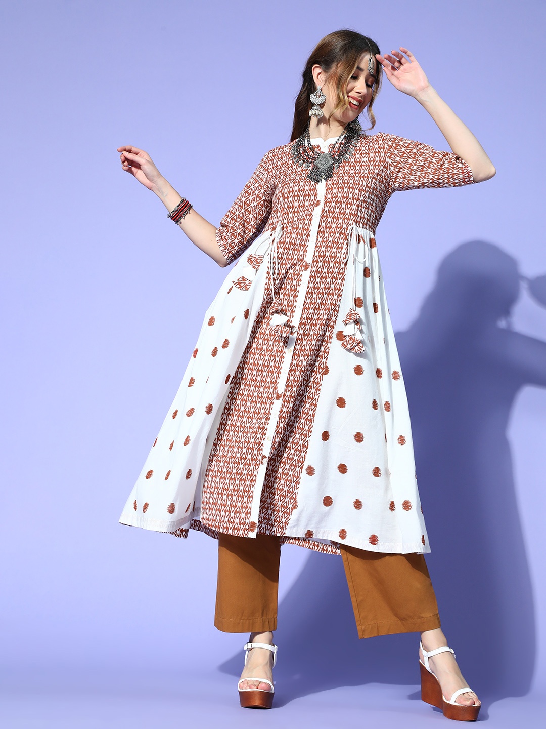 

Sangria Women Rust Brown & White Pure Cotton Ethnic Motifs Printed Kurta