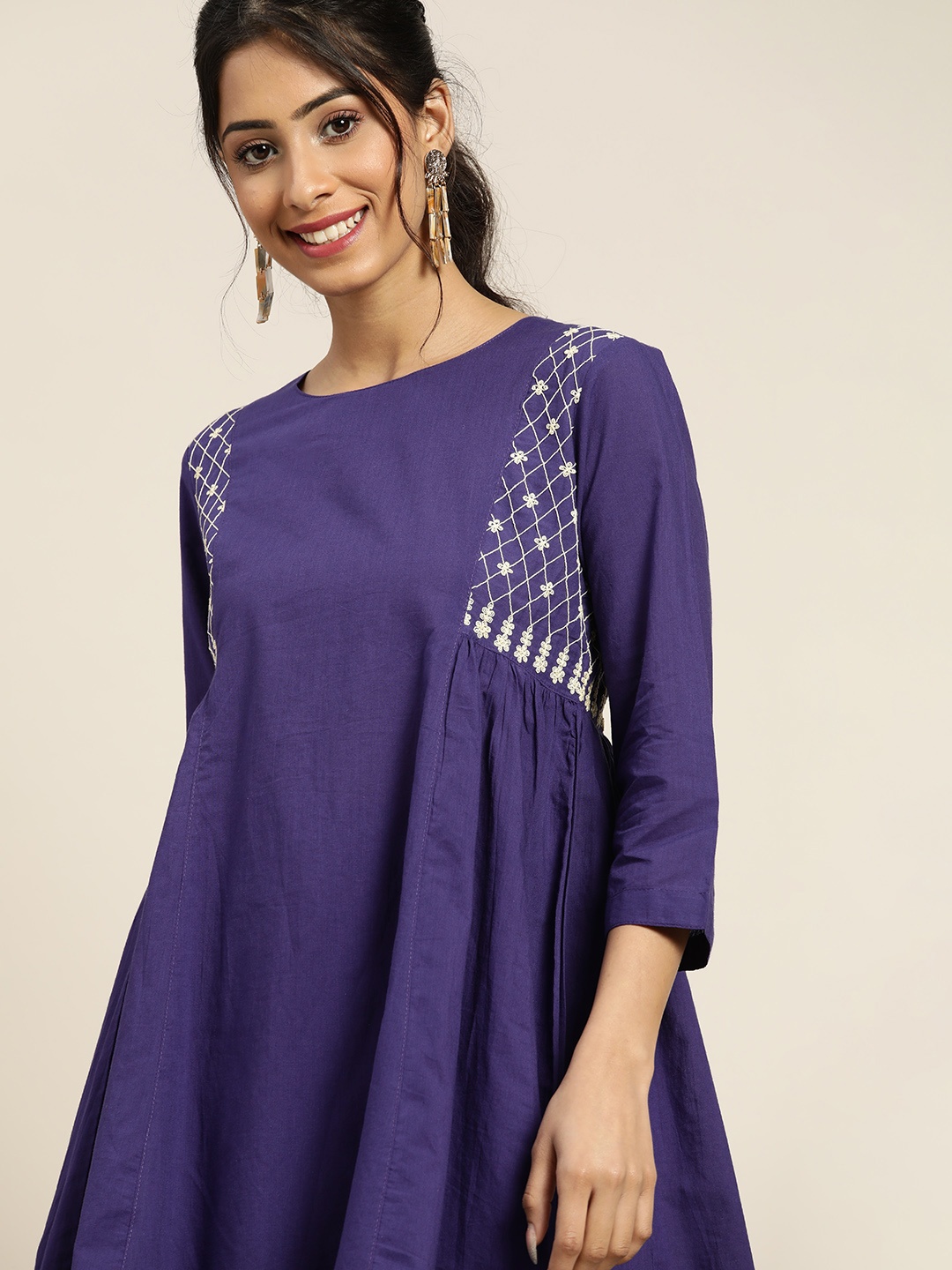 

Sangria Women Navy Blue Ethnic Motifs Embroidered Pure Cotton A-Line Kurti with Palazzos