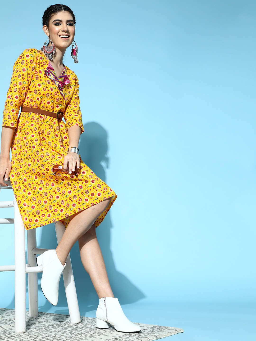 

Sangria Women Bright Yellow Ethnic Motifs New Neckline Dress