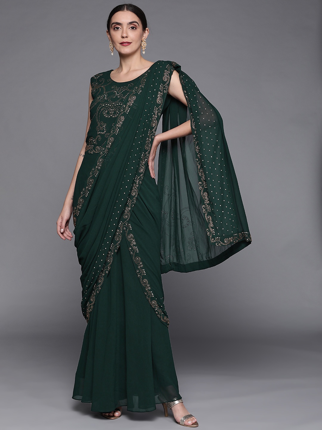 

Chhabra 555 Green Embellished Sequinned Pure Georgette Ready to Wear Saree