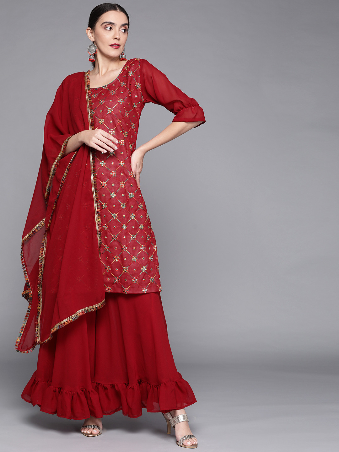 

Chhabra 555 Women Maroon Ethnic Motifs Embroidered Thread Work Kurta Set With Dupatta