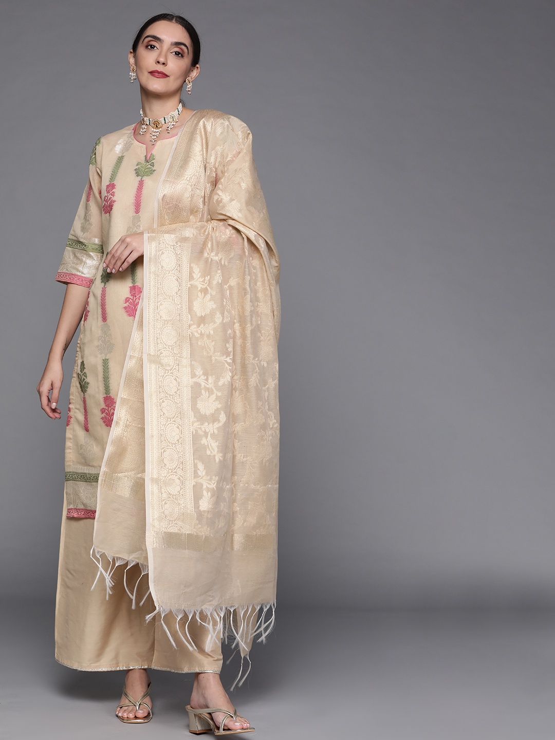 

Chhabra 555 Women Beige Floral Gotta Patti Kurta with Palazzos & With Dupatta