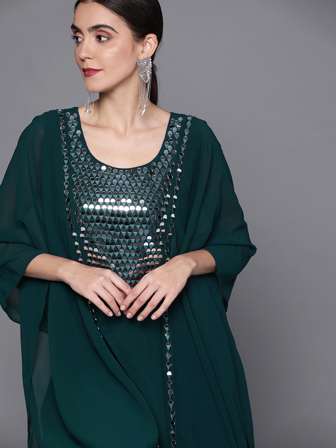 

Chhabra 555 Teal Embellished Layered Georgette Maxi Dress