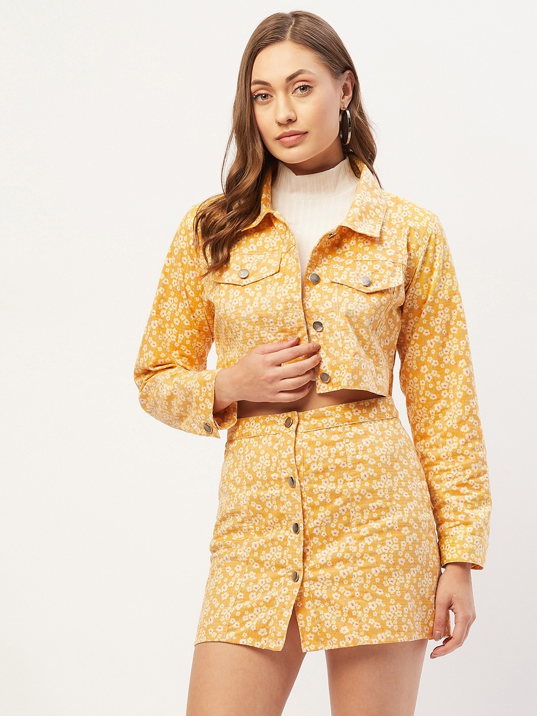 

ANVI Be Yourself Yellow Floral Print Corduroy Co-Ords Set