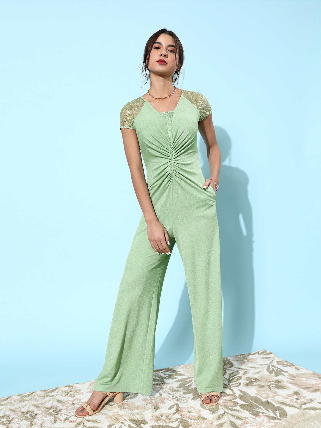 

Miss Chase Women Gorgeous Green Solid Bling and Sparkly Jumpsuit