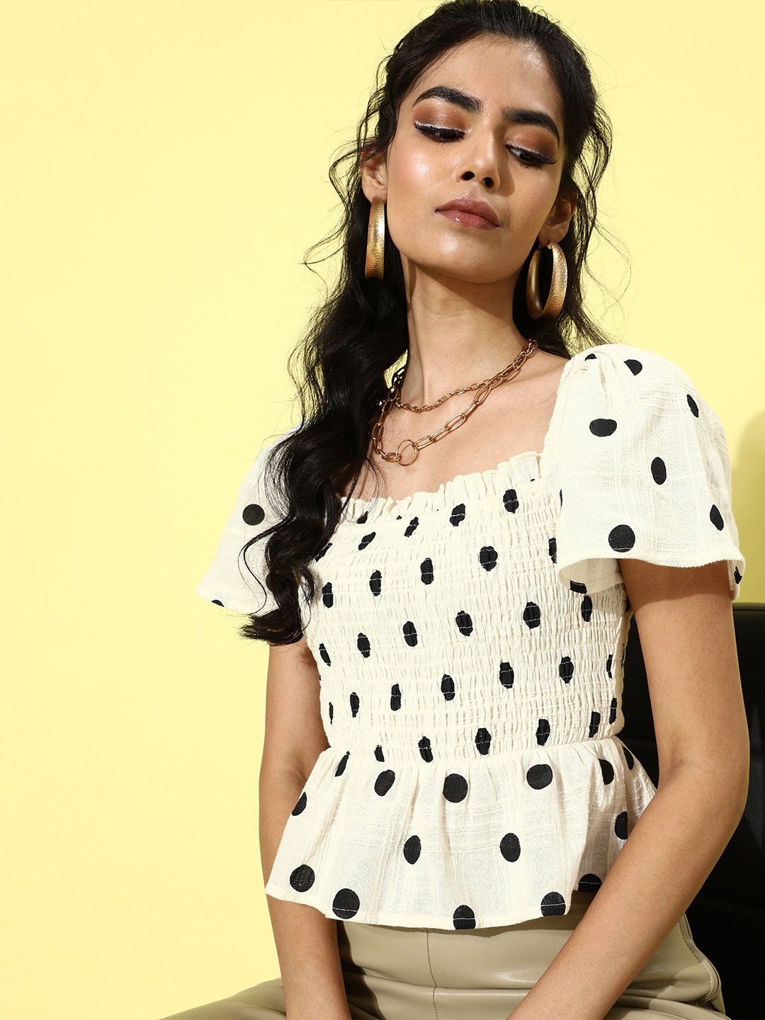 

ANI Women Beautiful Off-White Polka-Dotted Top
