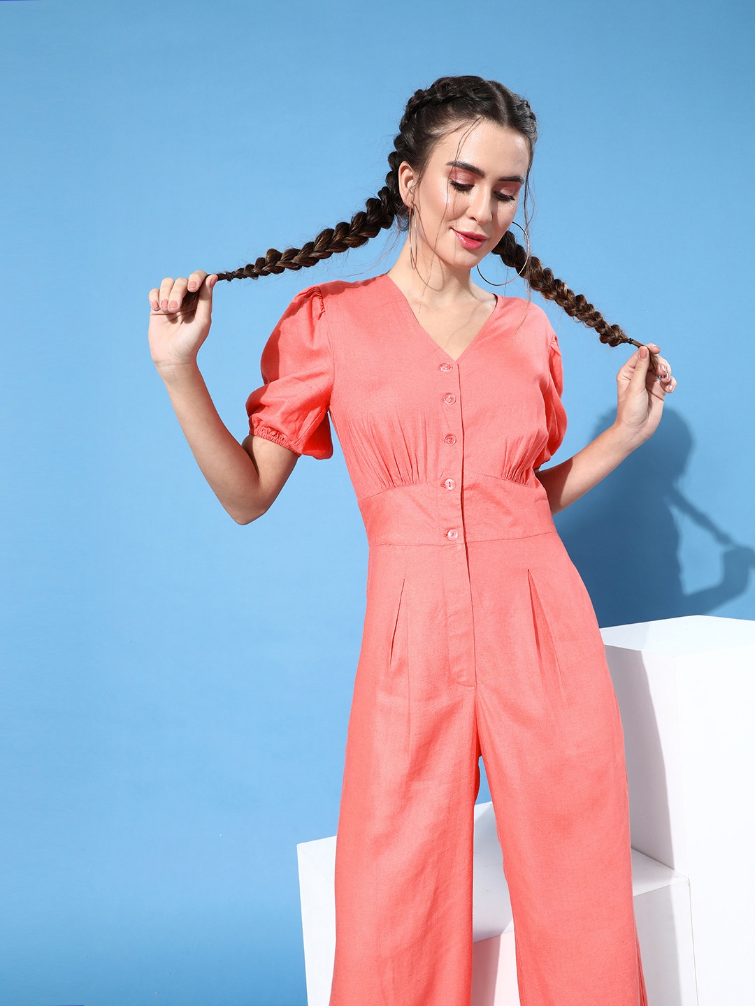 

ANI Women Striking Coral Solid Puff Sleeves Jumpsuit