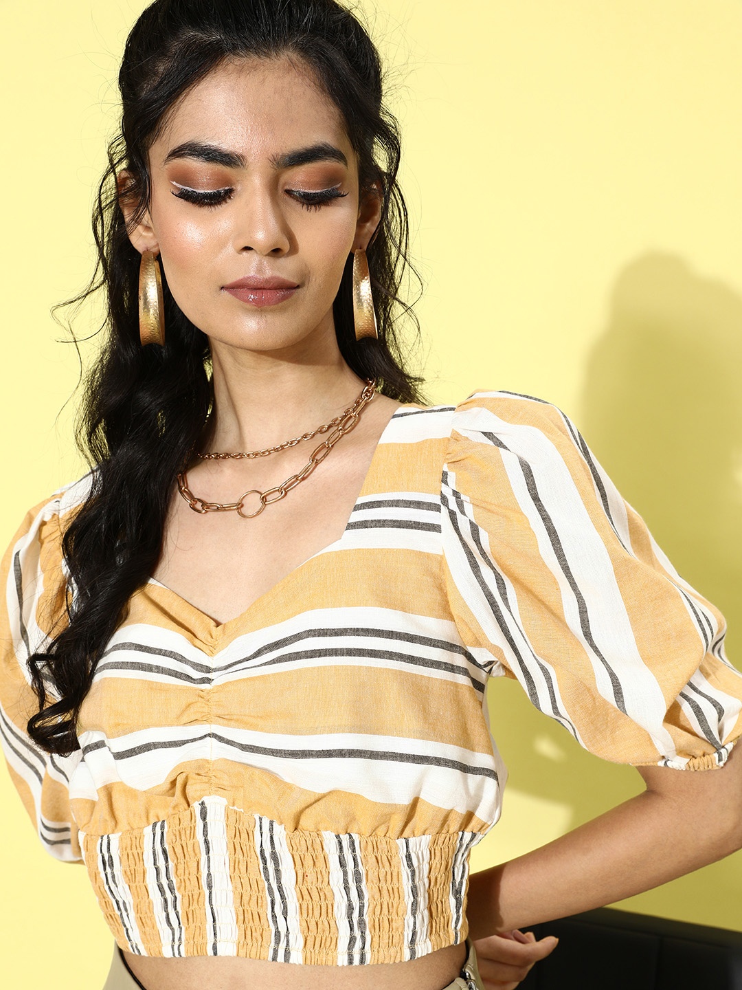 

ANI Women Stylish Mustard Horizontal Striped Sweetheart Neck Top