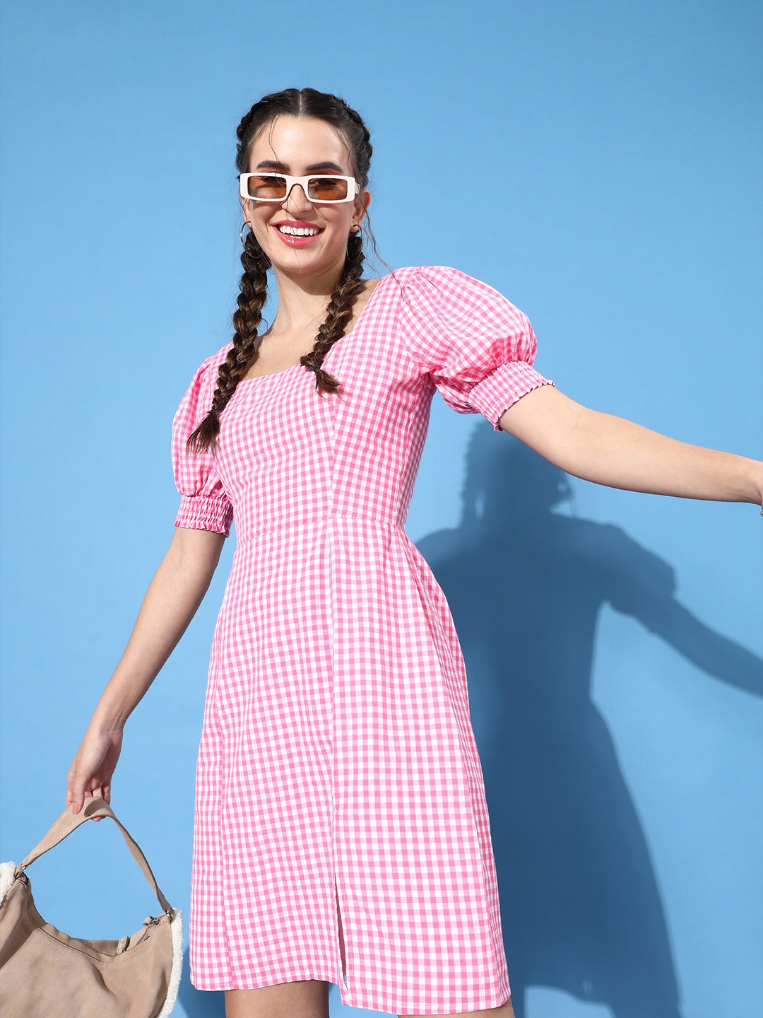 

ANI Women Pretty Pink Checked Summer Ginghams Dress