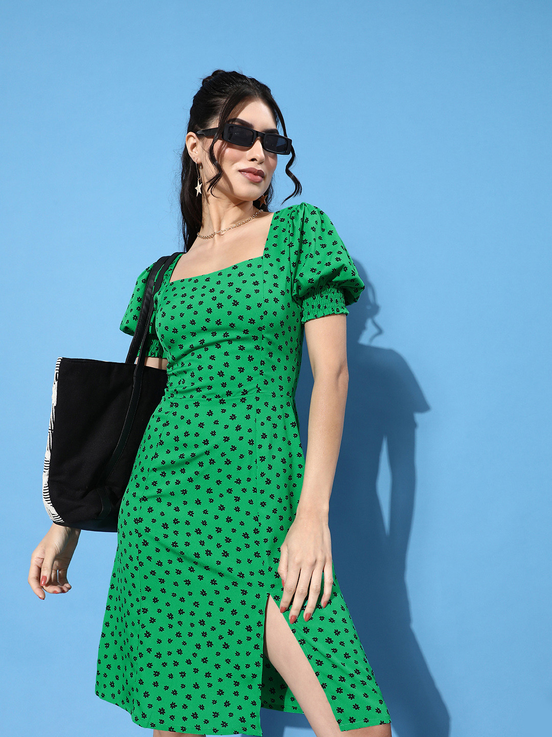 

ANI Women Gorgeous Green Floral Puff Sleeves Dress