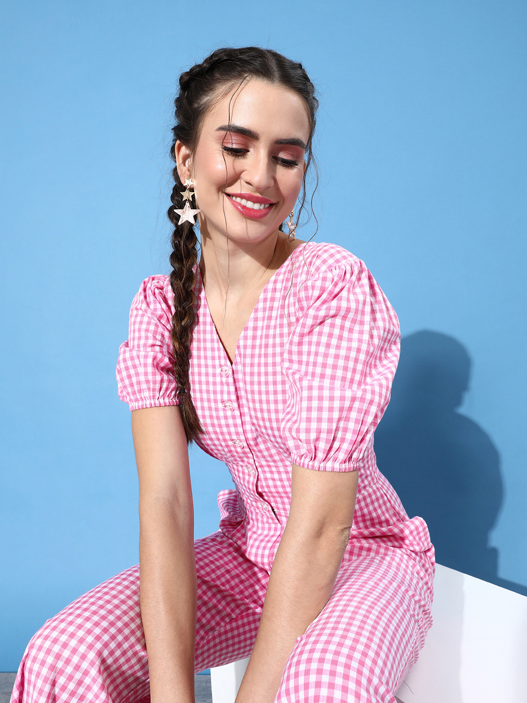 

ANI Women Pretty Pink Checked Puff Sleeves Jumpsuit