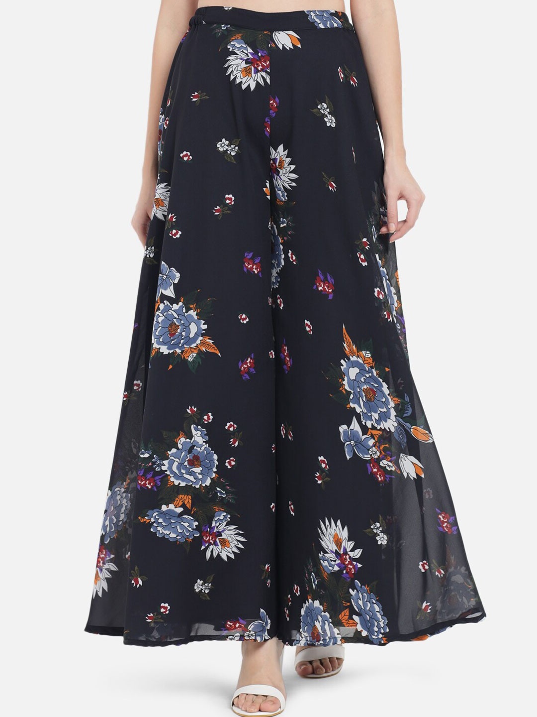 

Just Wow Women Navy Blue & White Floral Printed Flared Georgette Palazzos