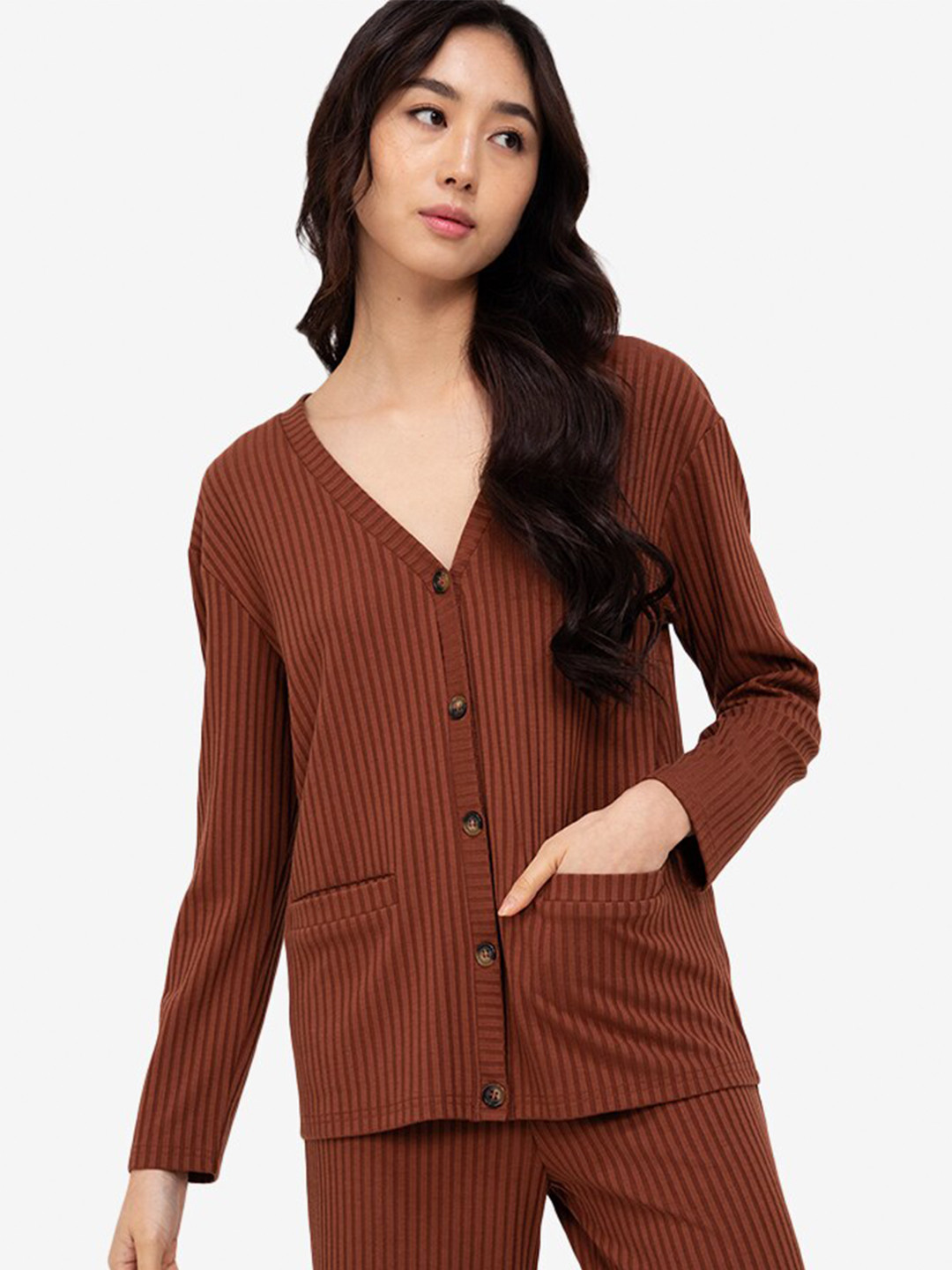 

ZALORA BASICS Women Brown Striped Cardigan