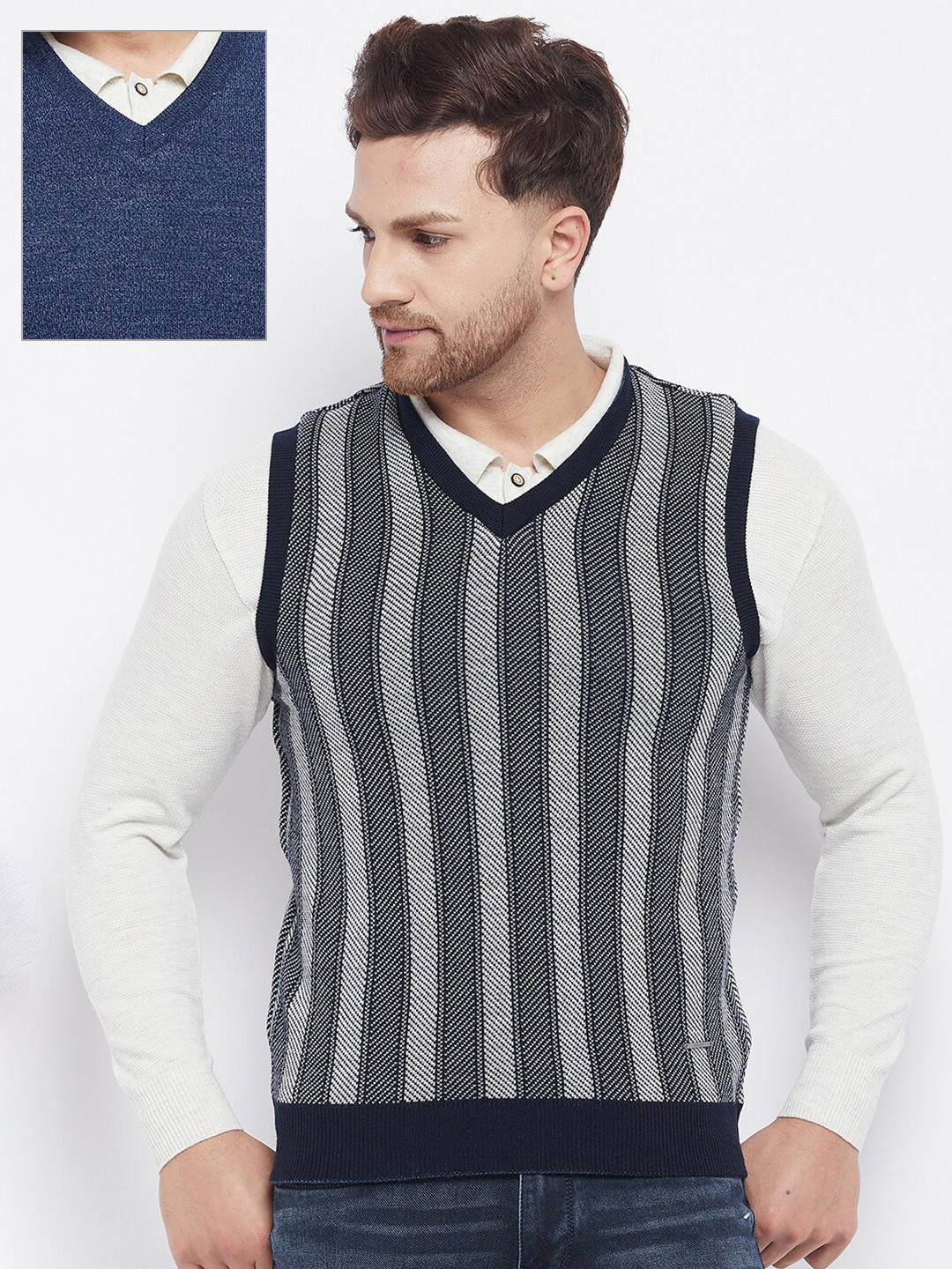 

Duke Men Blue & Grey Striped Reversible Woolen Sweater Vest