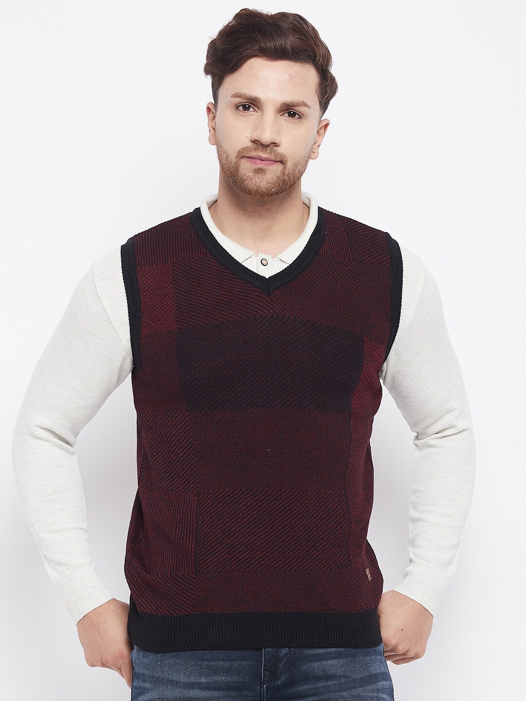 

Duke Men Black & Maroon Checked Sweater Vest