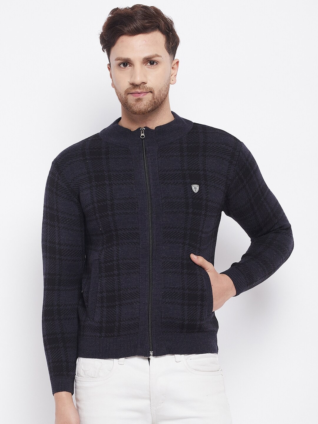 

Duke Men Black & Navy Blue Checked Wool Front-Open