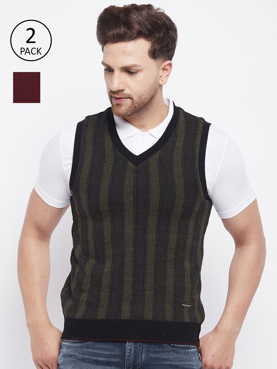 

Duke Men Pack Of 2 Black & Maroon Striped Wool Sweater Vest