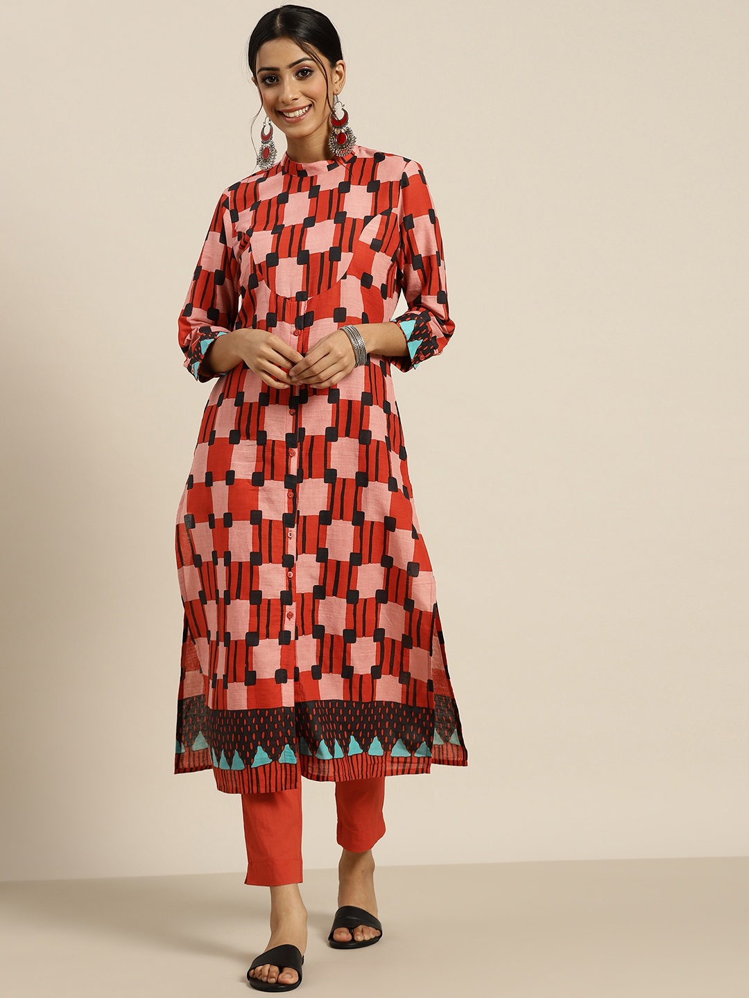 

Sangria Women Red Ethnic Motifs Printed Pure Cotton Kurta with Trousers