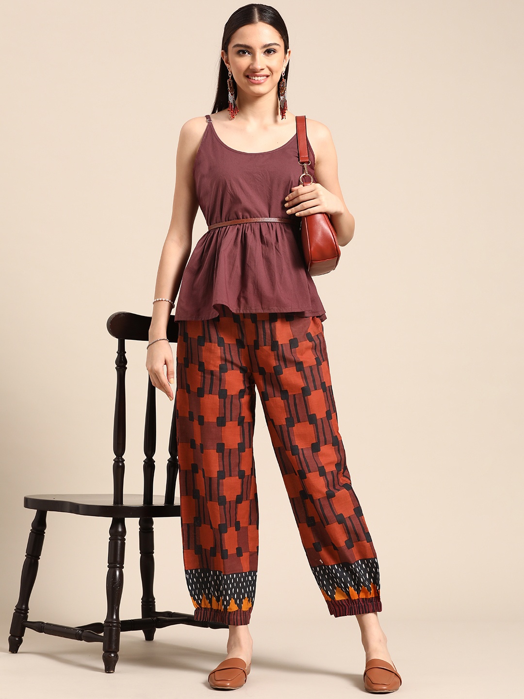 

Sangria Women Maroon & Black Pure Cotton Tunic with Palazzo