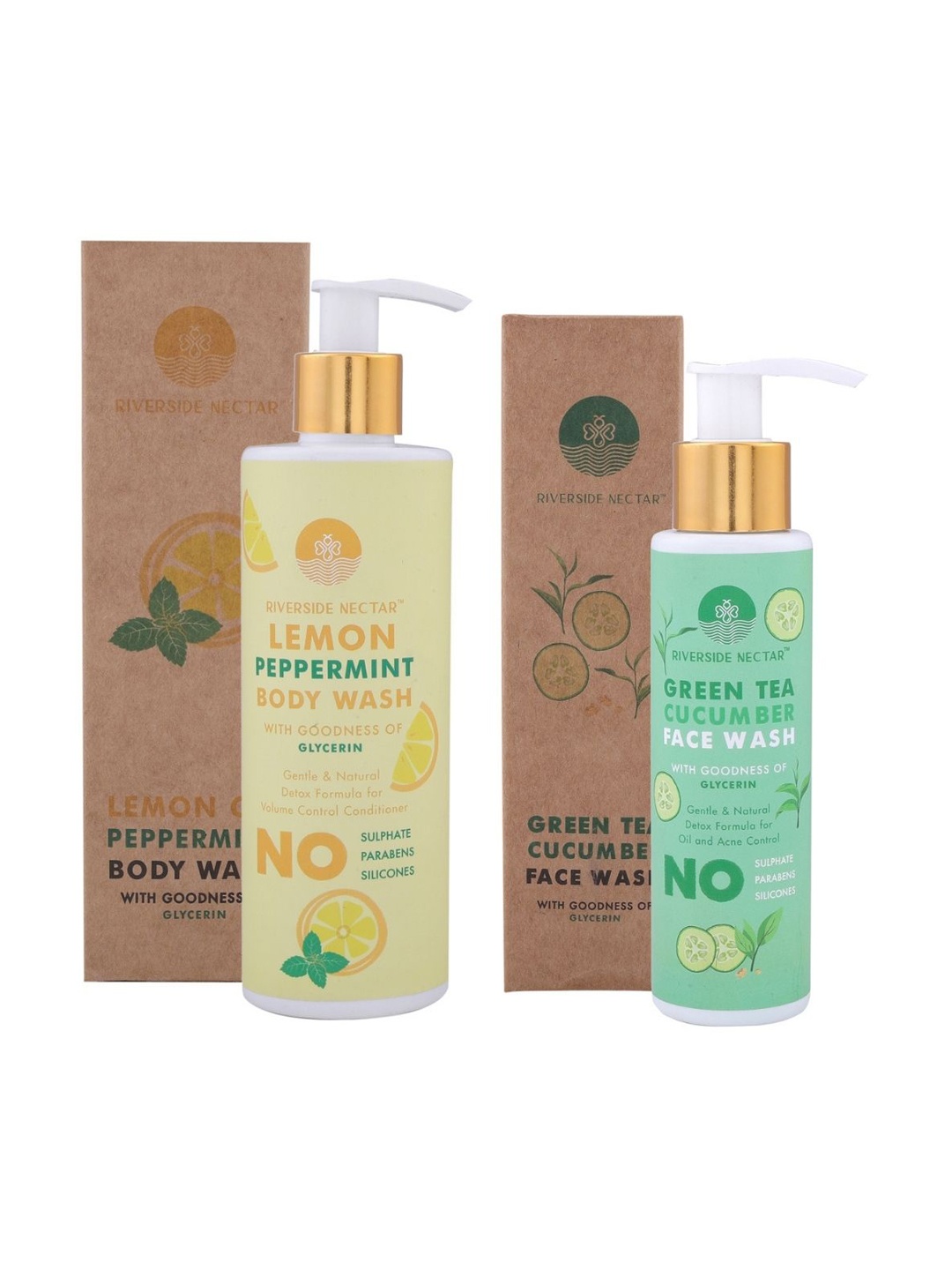 

Riverside Nectar Set of Lemon & Peppermint Body Wash & Green Tea Cucumber Face Wash, Yellow