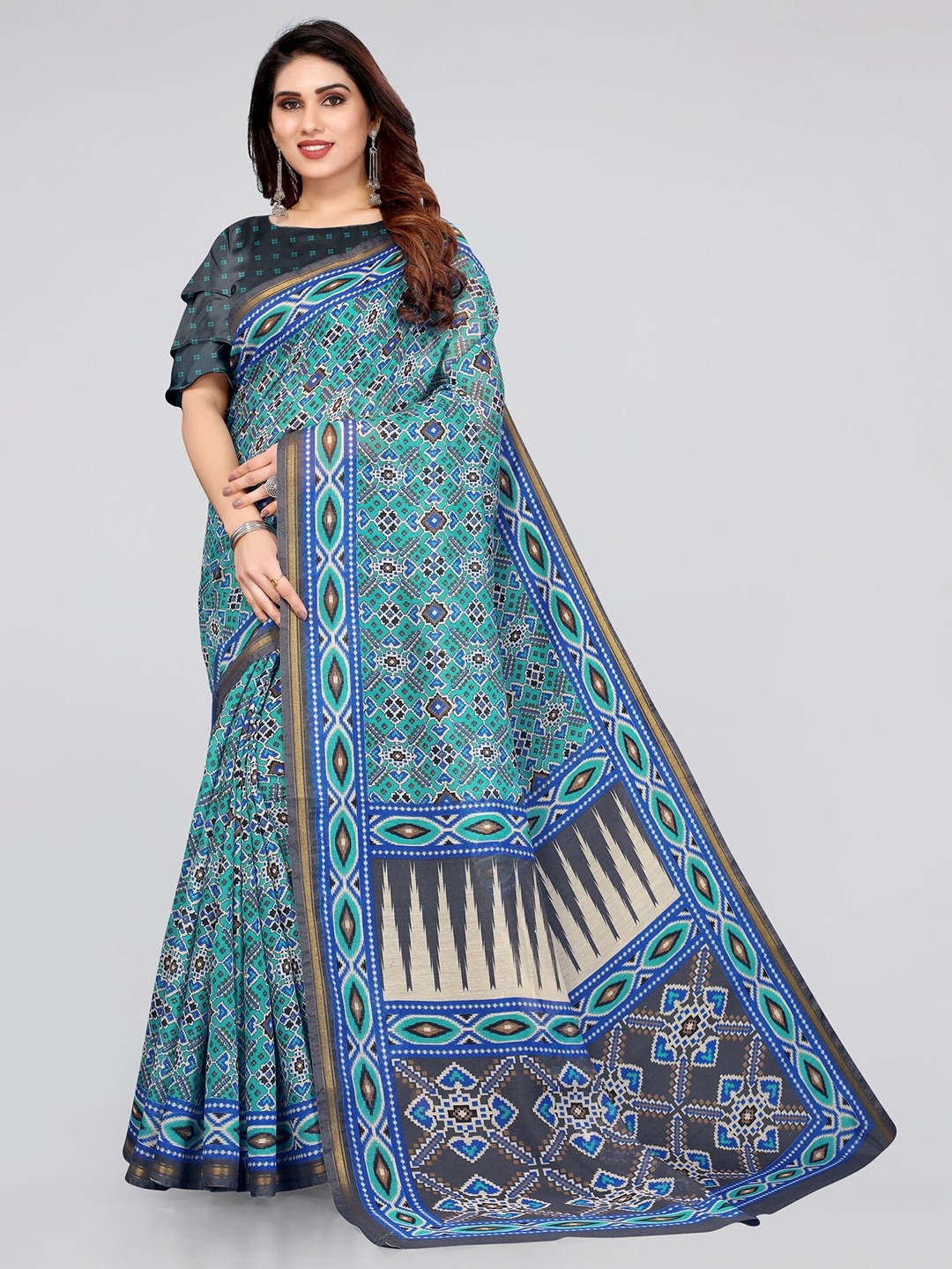 

KALINI Teal Ethnic Motifs Printed Poly Cotton Saree