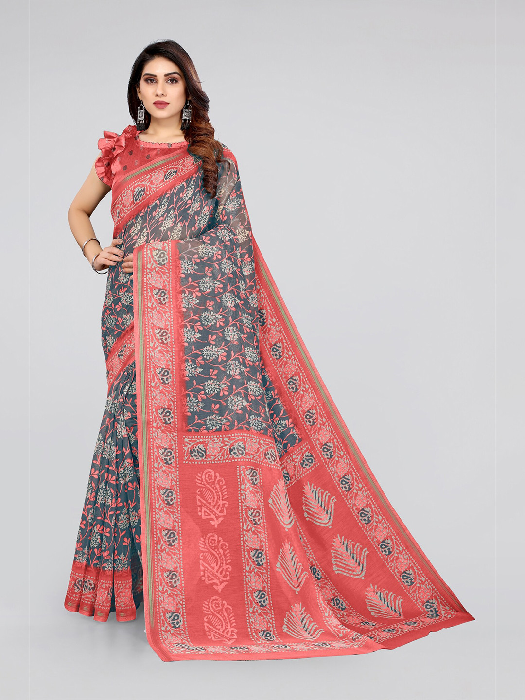 

KALINI Grey & Orange Batik Zari Saree
