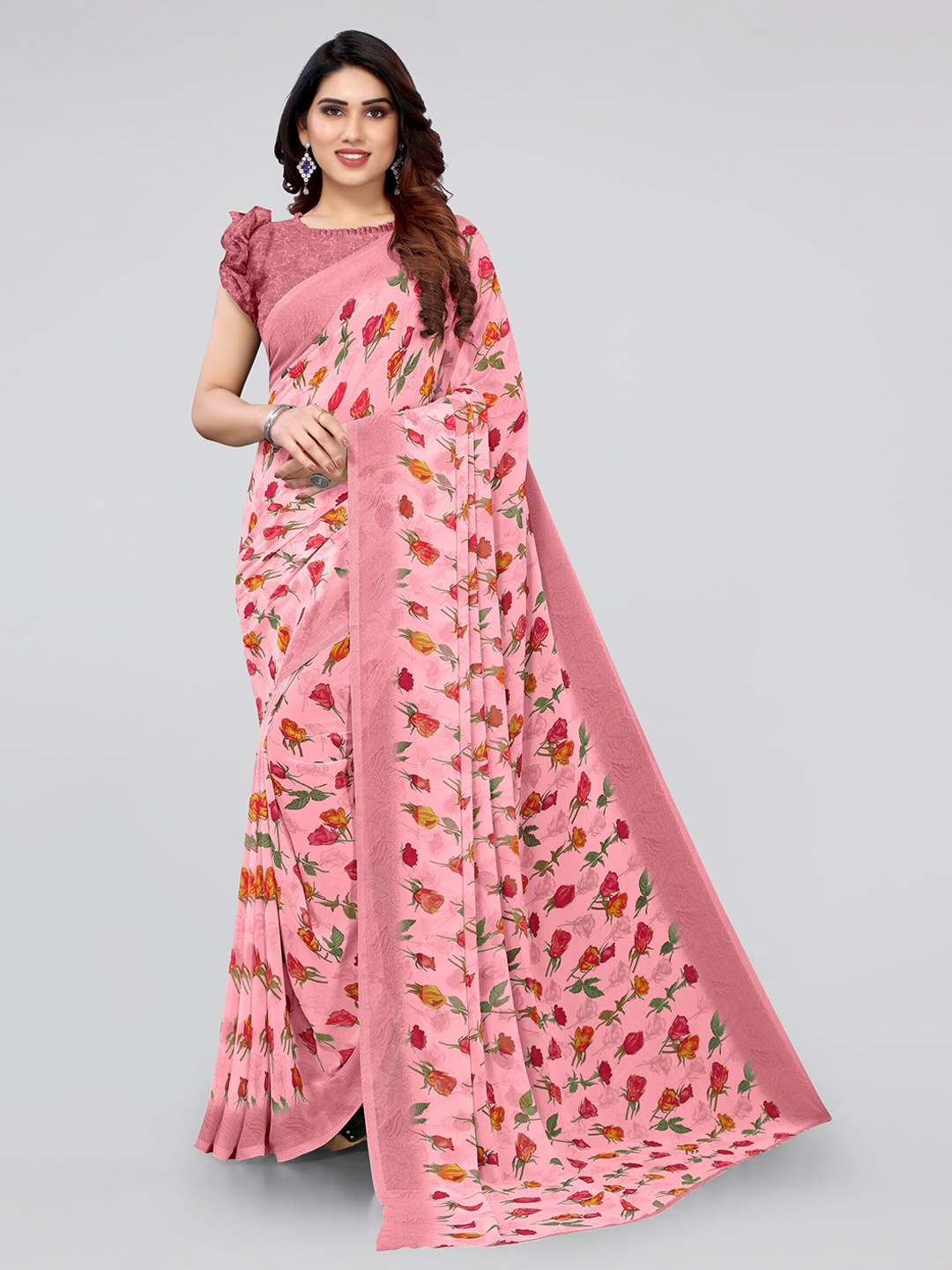 

KALINI Pink & Red Floral Printed Bagh Saree