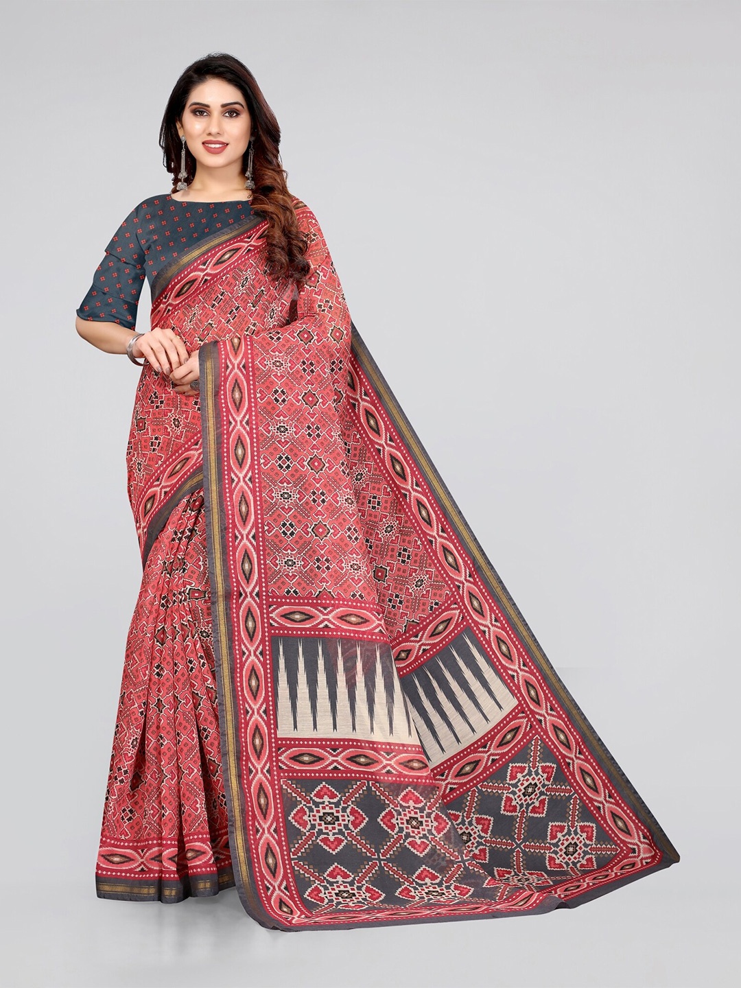 

KALINI Red & White Zari Ikat Saree