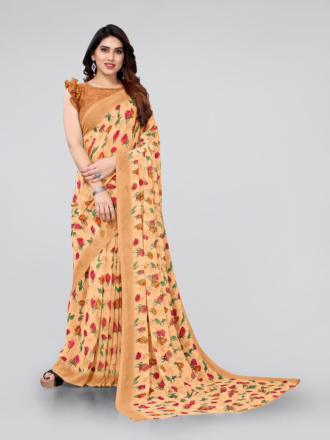

KALINI Peach-Coloured & Green Floral Bagh Saree