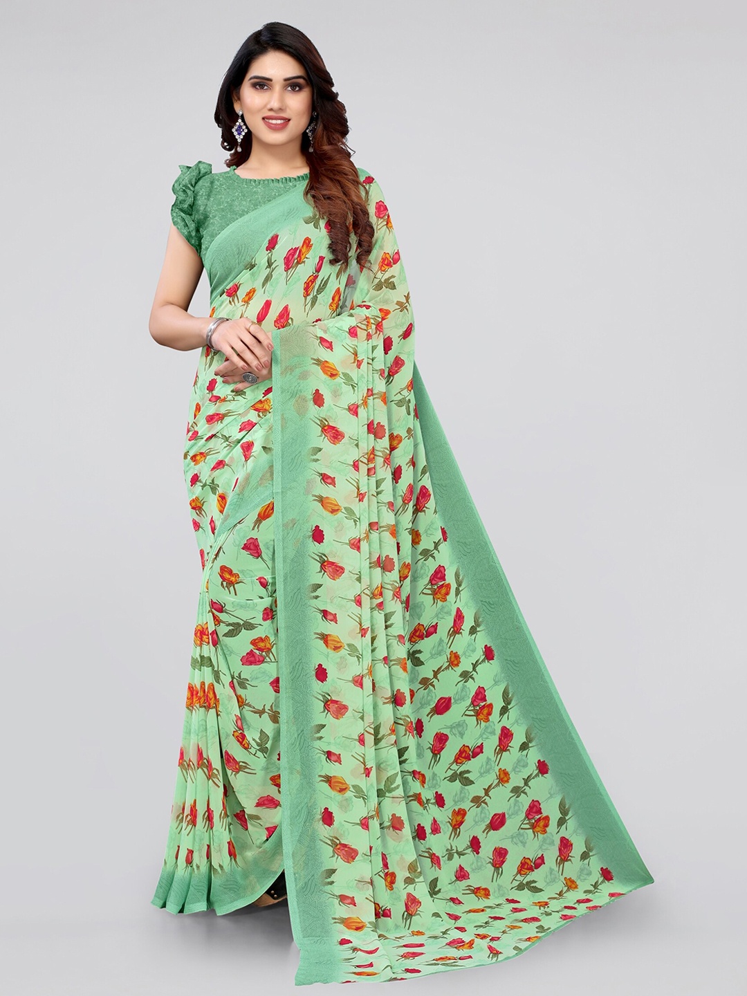 

KALINI Green & Red Floral Bagh Saree