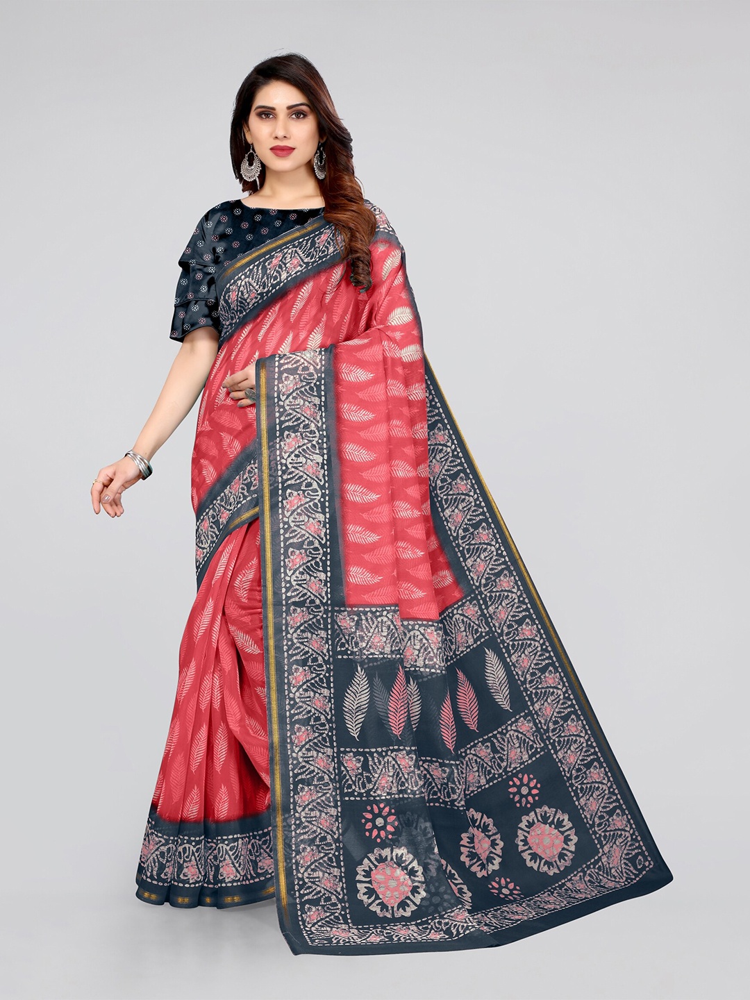 

KALINI Red & Grey Melange Batik Zari Block Print Saree