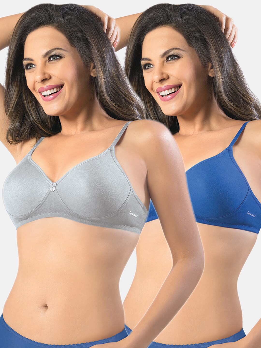

Sonari Pack Of 2 Grey & Blue Non-Padded No-Wired T Shirt Bra