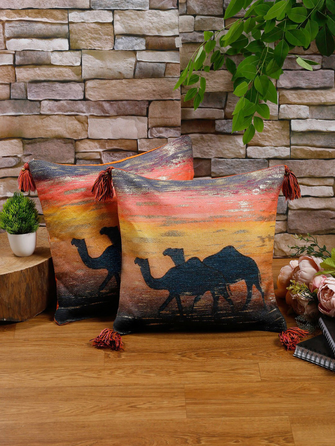 

NISRAG HOME Orange & Black Set of 2 Ethnic Motifs Square Cushion Covers